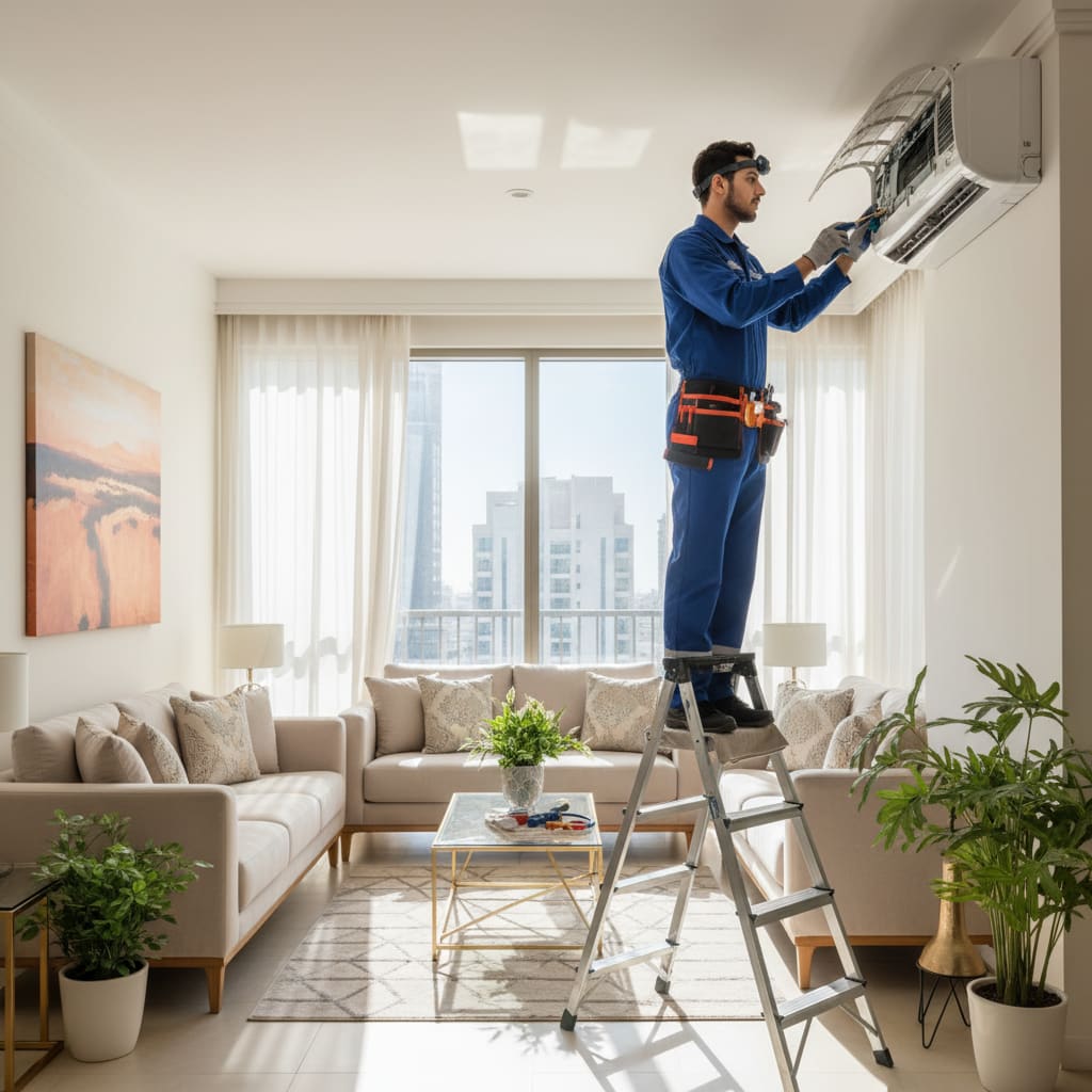 HVAC technician inspecting an air conditioning unit in Doha